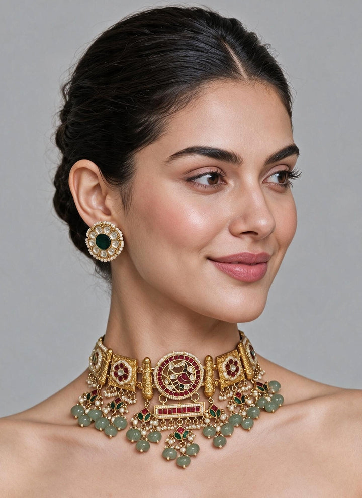 Multicolour Polki Statement Necklace Set