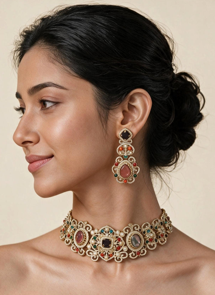 Gold Plated Multicolor Choker Necklace Set