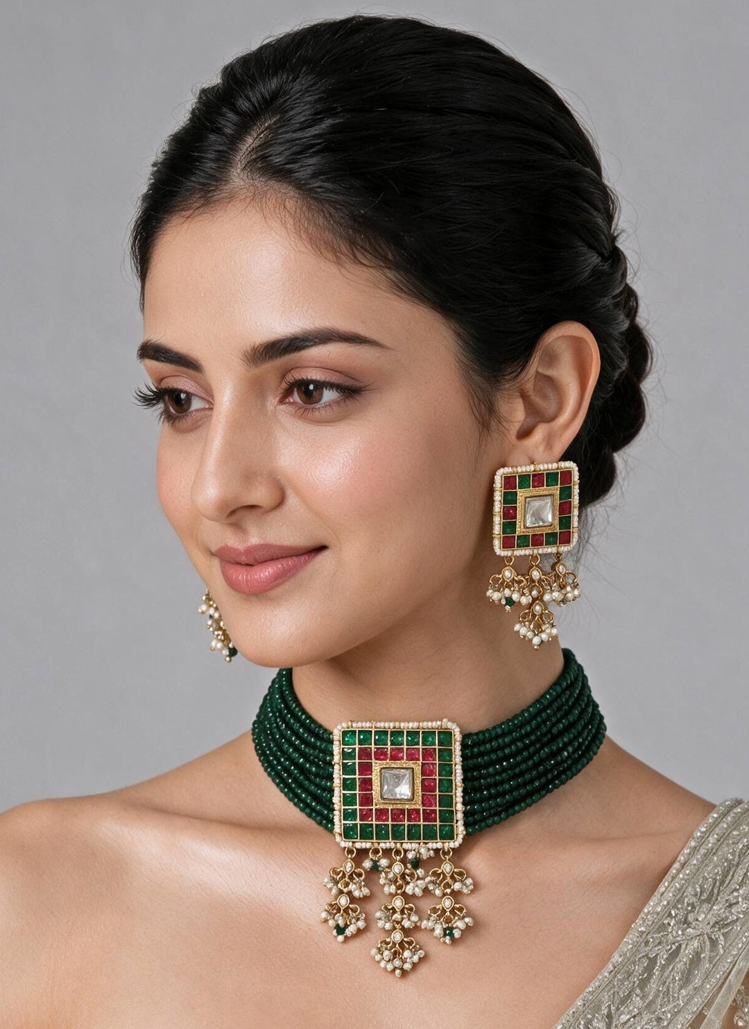 Emerald Green Beaded Square Choker Necklace Set