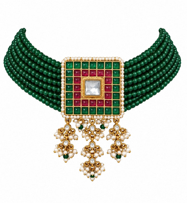 Emerald Green Beaded Square Choker Necklace Set