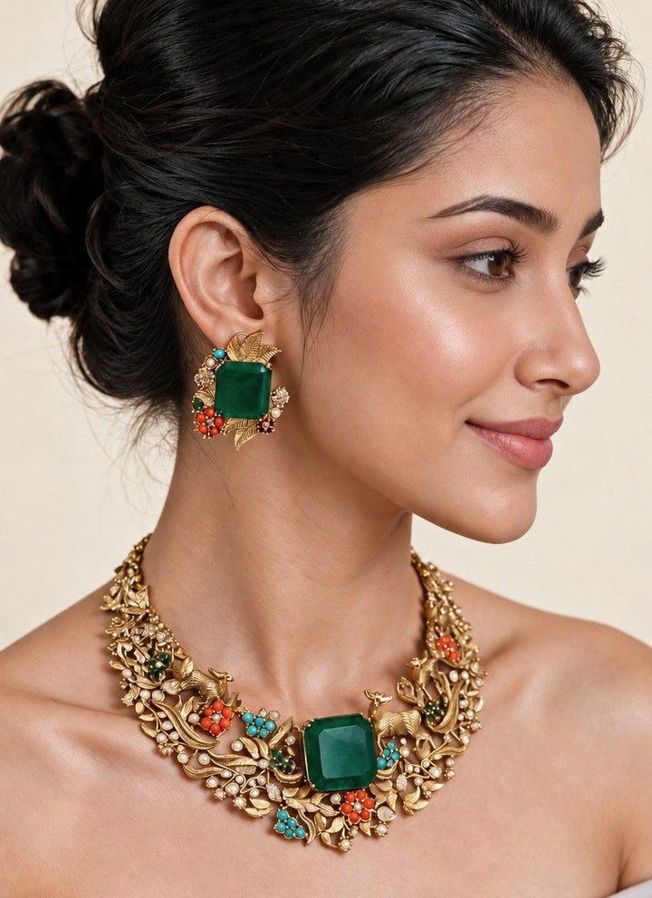 Emerald And Multicolour Stone Necklace Set