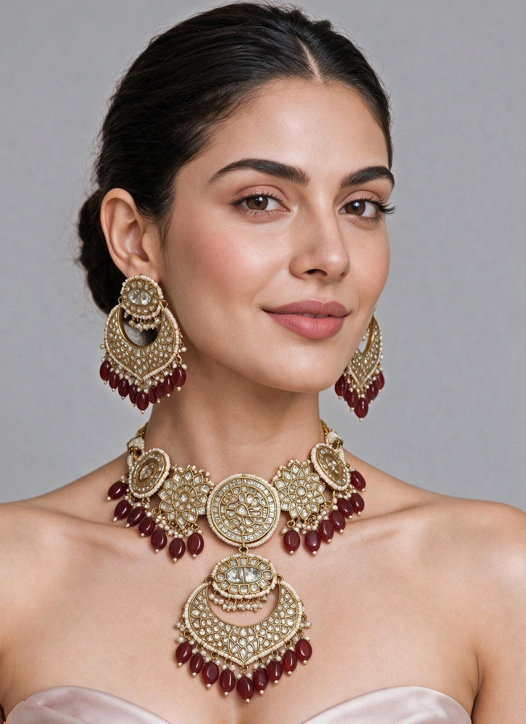 Red Beaded Kundan Choker Necklace Set