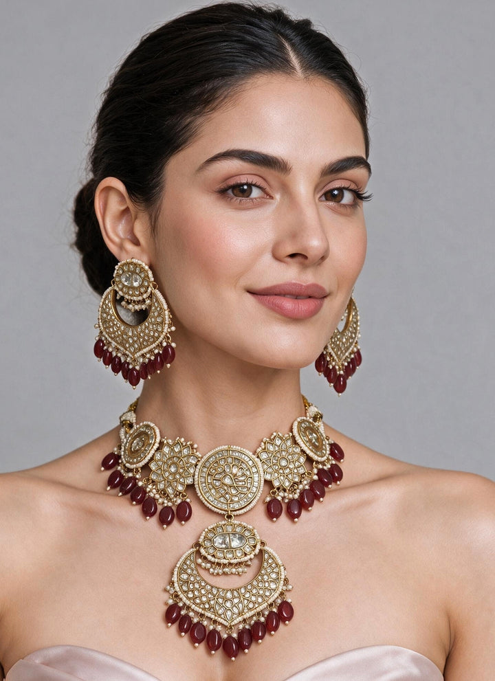 Red Beaded Kundan Choker Necklace Set