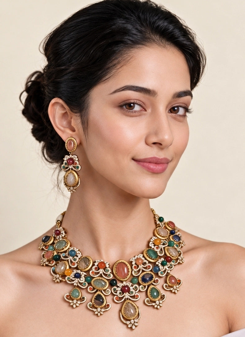Multicolor Stone Floral Necklace Set