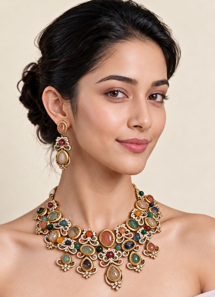 Multicolor Stone Floral Necklace Set