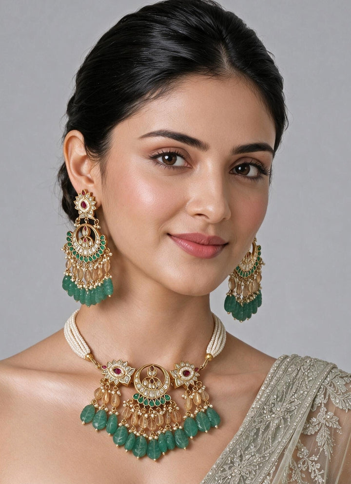 Emerald Carved Beaded Kundan Necklace Set