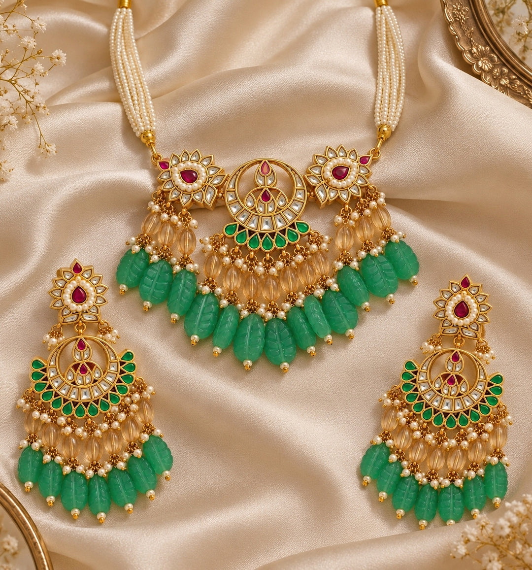 Emerald Carved Beaded Kundan Necklace Set