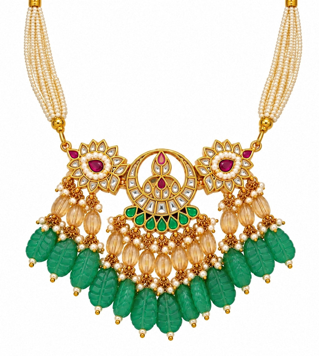 Emerald Carved Beaded Kundan Necklace Set