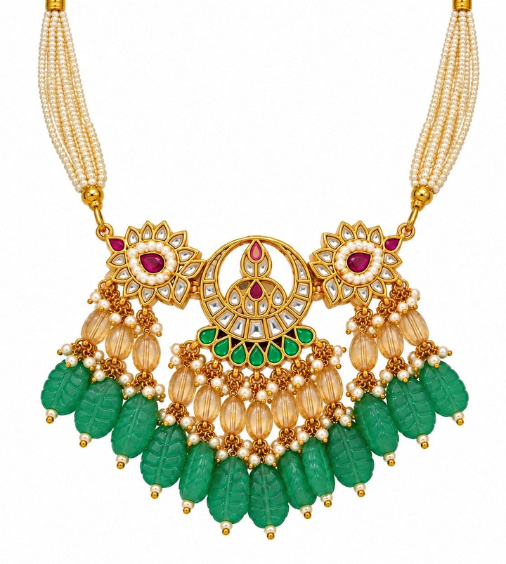 Emerald Carved Beaded Kundan Necklace Set