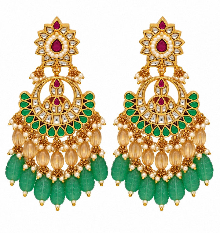Emerald Carved Beaded Kundan Necklace Set