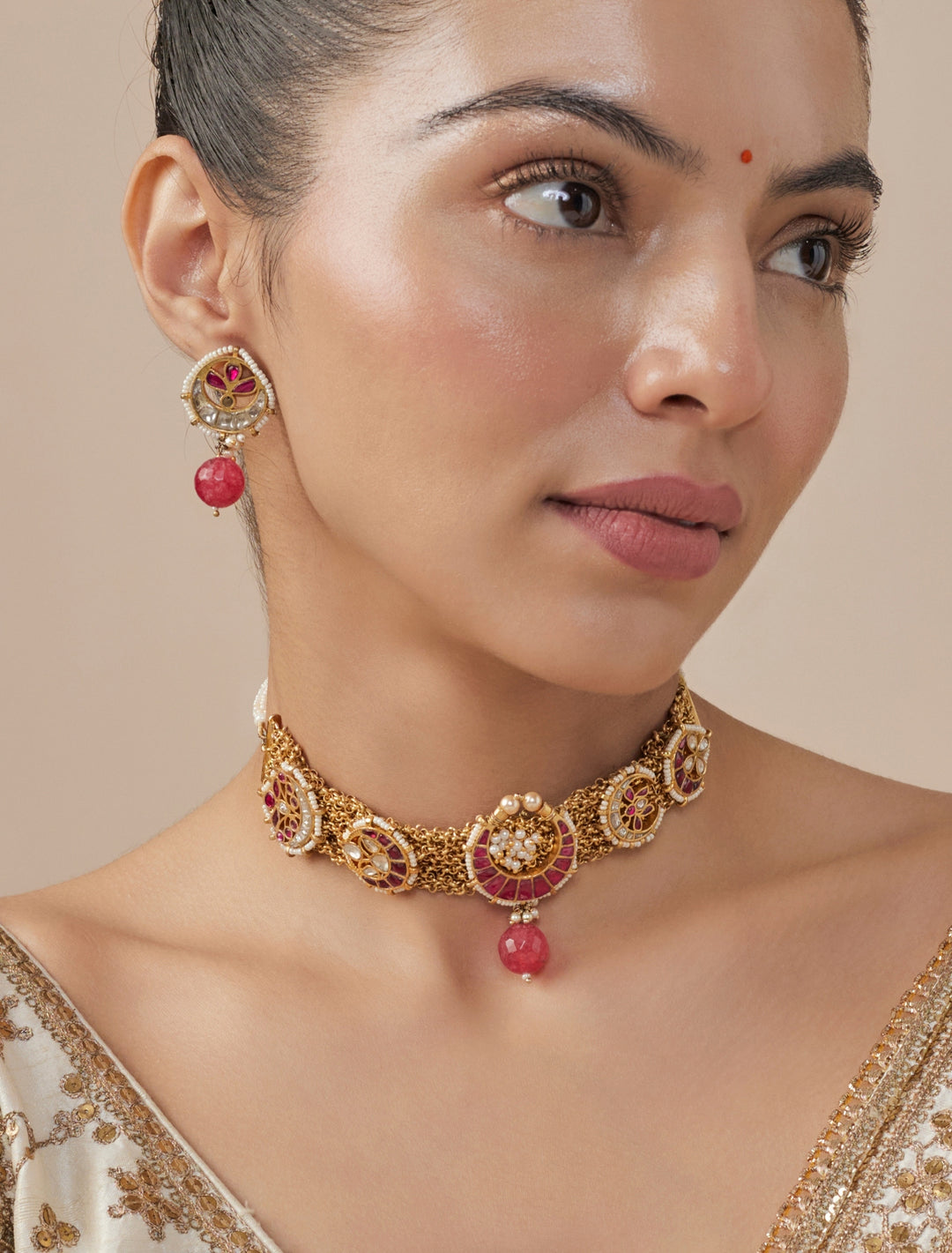 Gold Plated Pink Ruby Necklace Set
