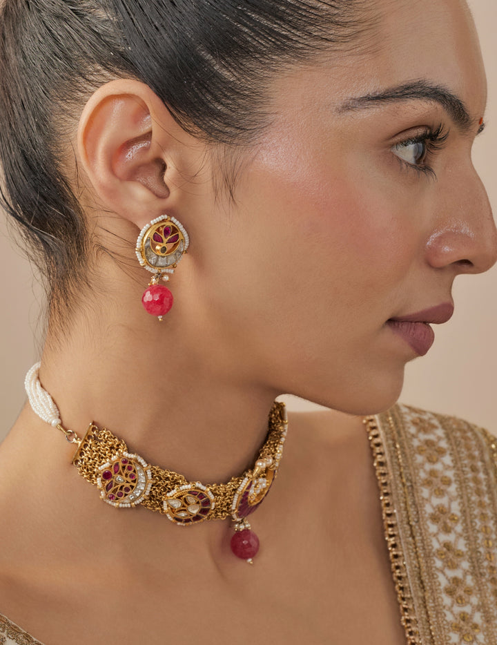Gold Plated Pink Ruby Necklace Set