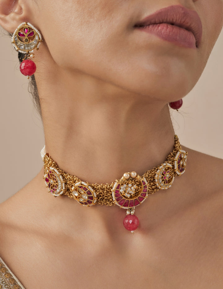 Gold Plated Pink Ruby Necklace Set
