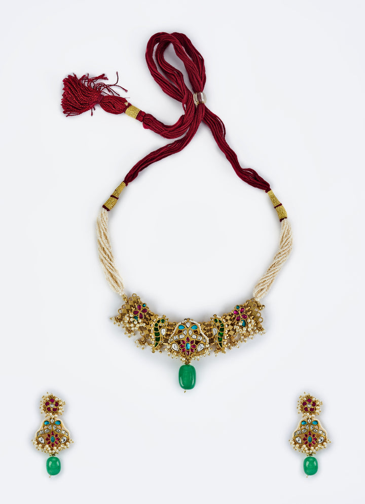 Gold Plated Green Beaded Choker Necklace Set