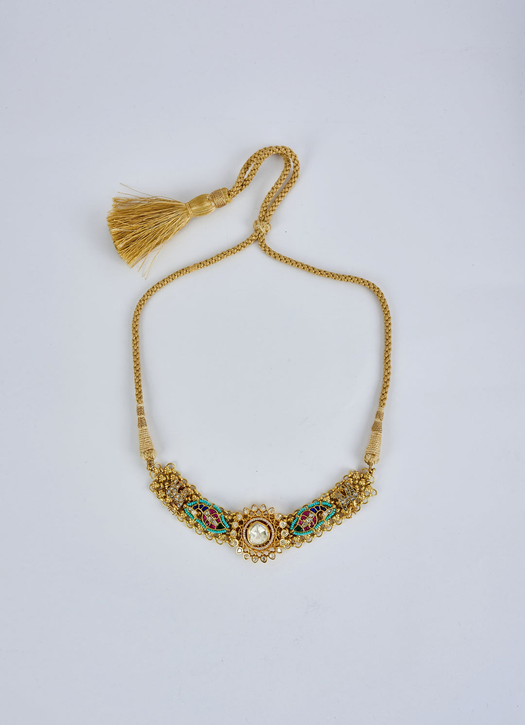 Gold Plated Green And White Kundan Stone Necklace Set