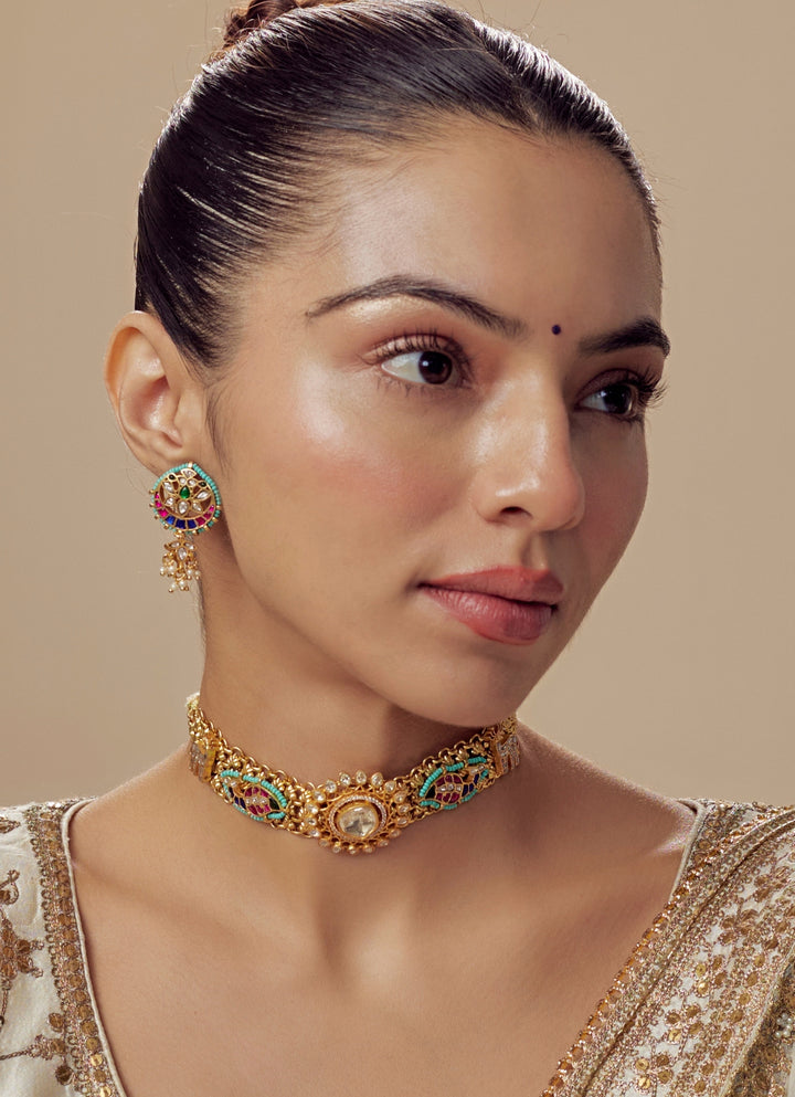 Gold Plated Green And White Kundan Stone Necklace Set