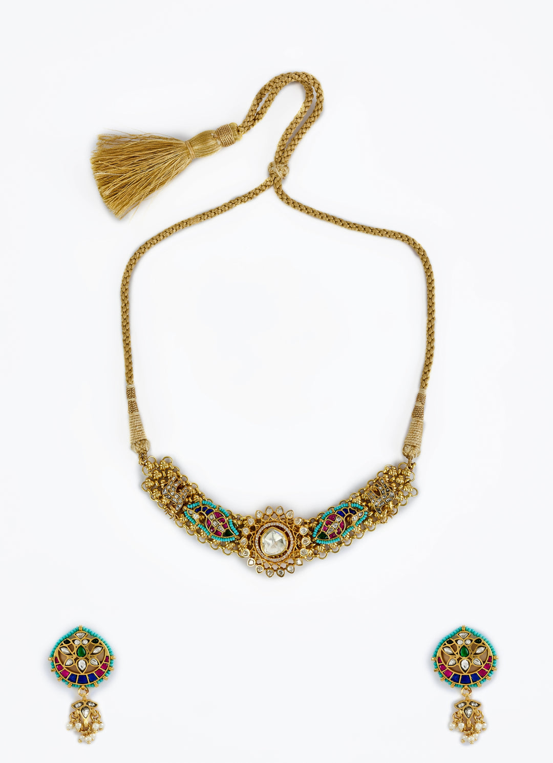 Gold Plated Green And White Kundan Stone Necklace Set
