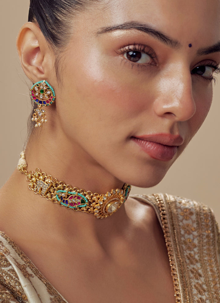 Gold Plated Green And White Kundan Stone Necklace Set