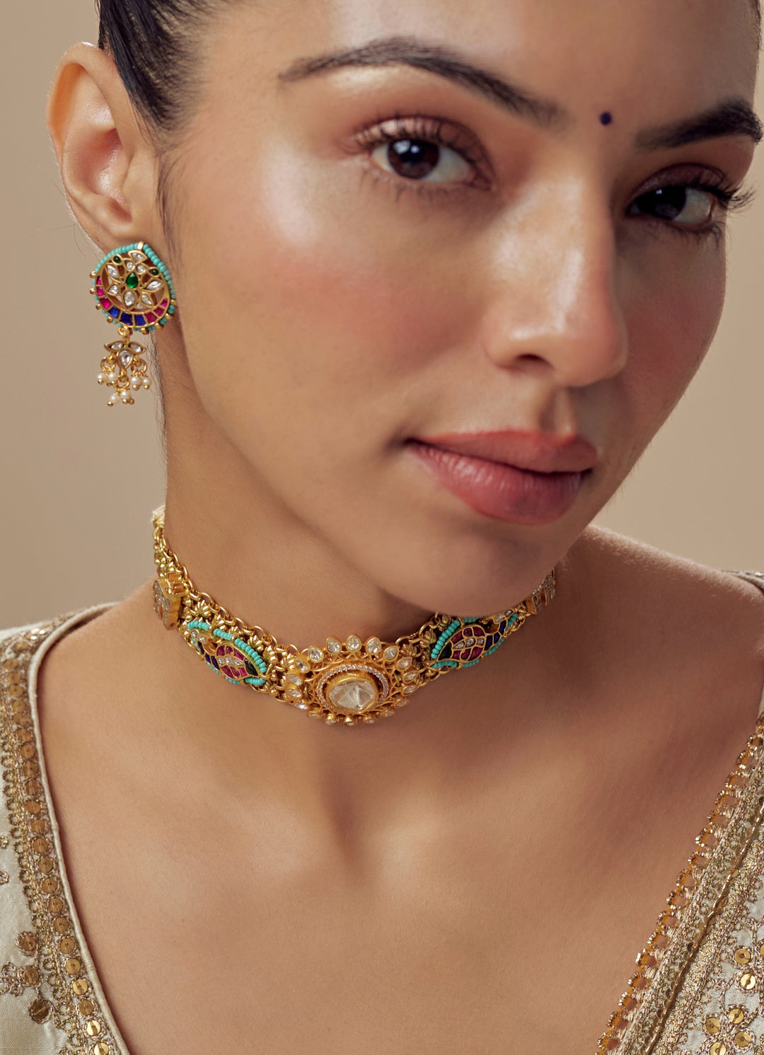 Gold Plated Green And White Kundan Stone Necklace Set