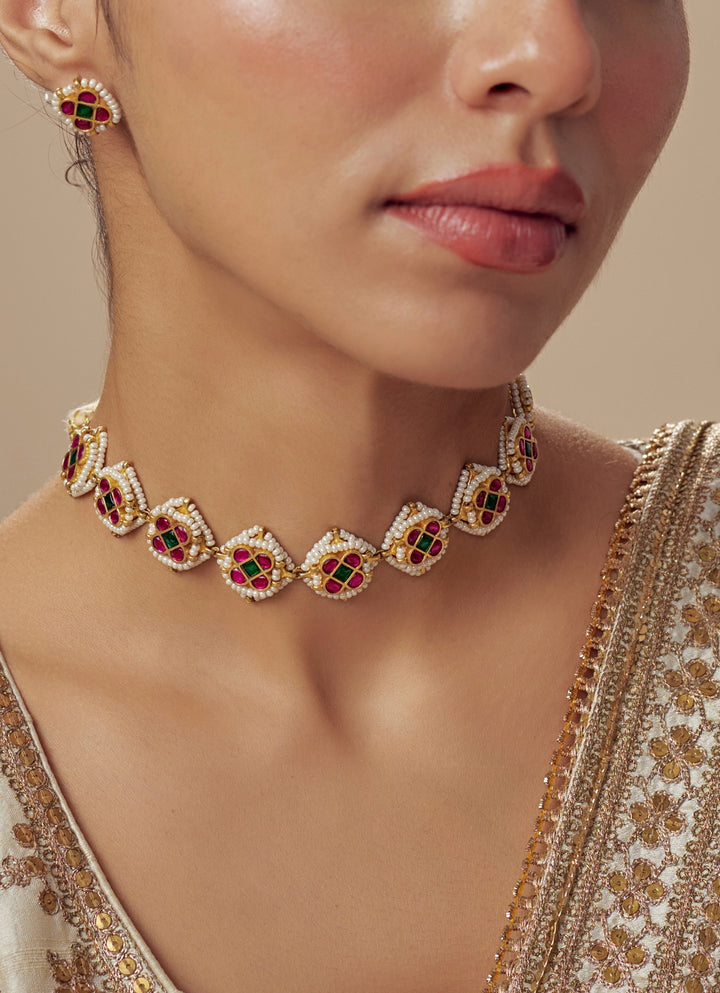 Gold Plated Red And White Kundan And Polki Choker Necklace Set