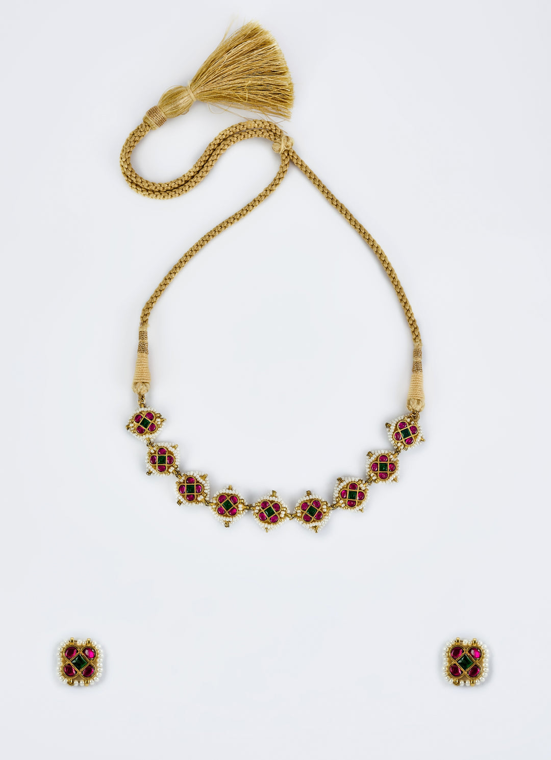 Gold Plated Red And White Kundan And Polki Choker Necklace Set