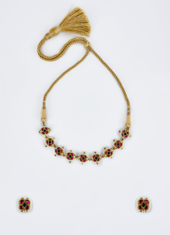 Gold Plated Red And White Kundan And Polki Choker Necklace Set