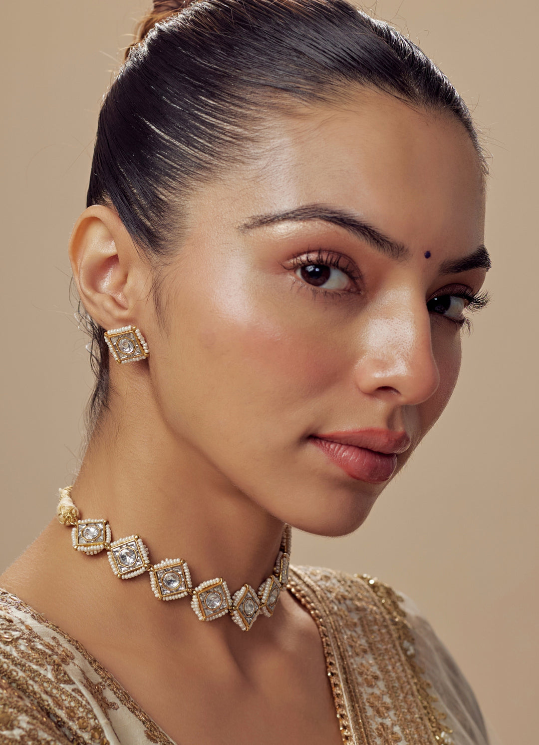 Gold Plated Red And White Kundan And Polki Choker Necklace Set