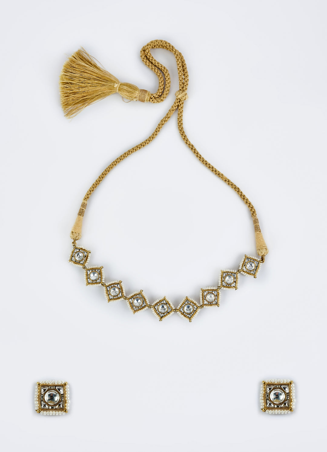 Gold Plated Red And White Kundan And Polki Choker Necklace Set