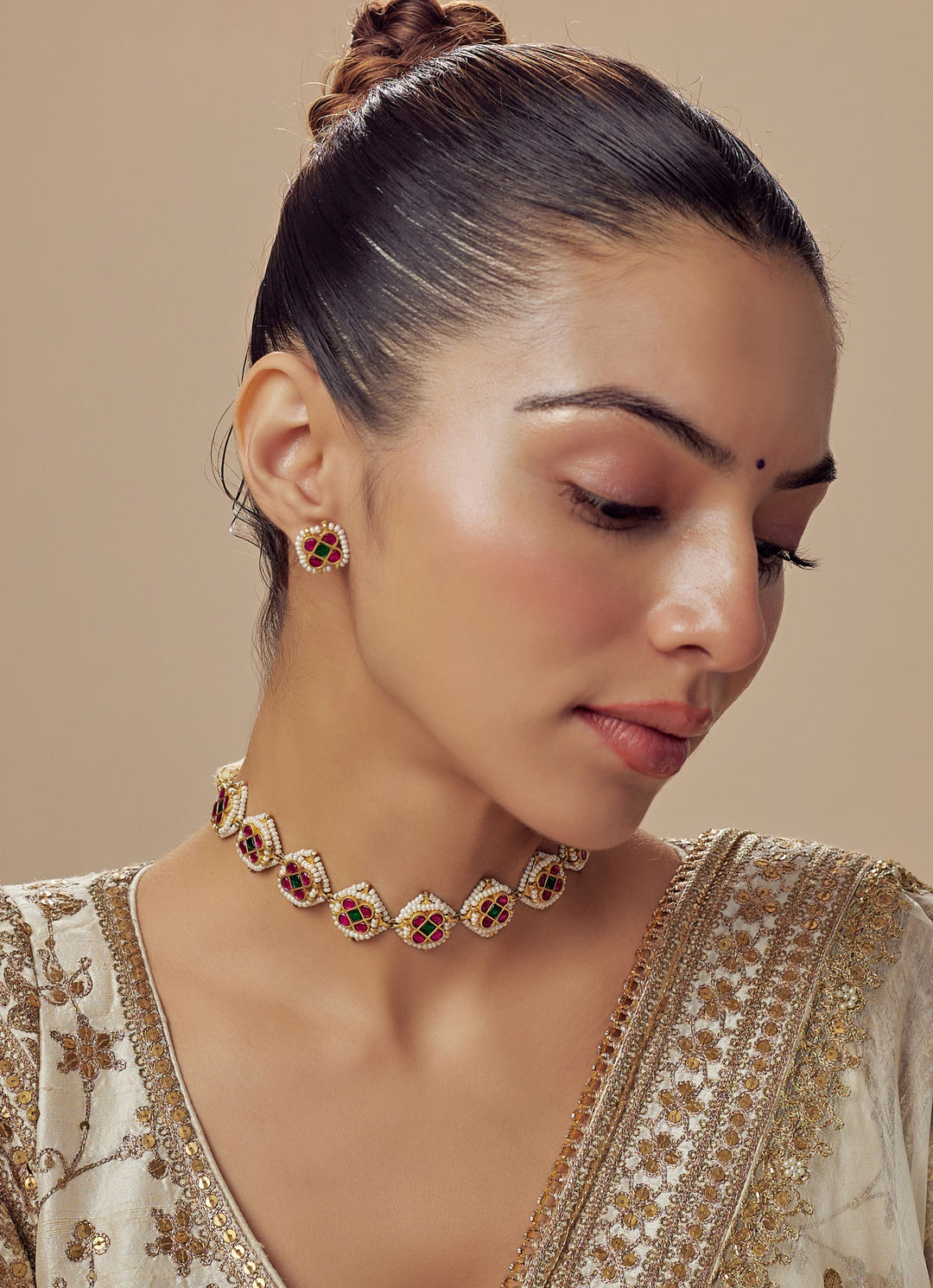 Gold Plated Red And White Kundan And Polki Choker Necklace Set