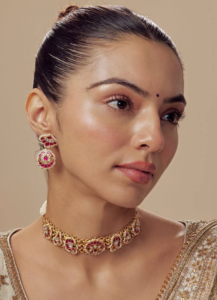 Gold Plated Red And White Stone Necklace Set