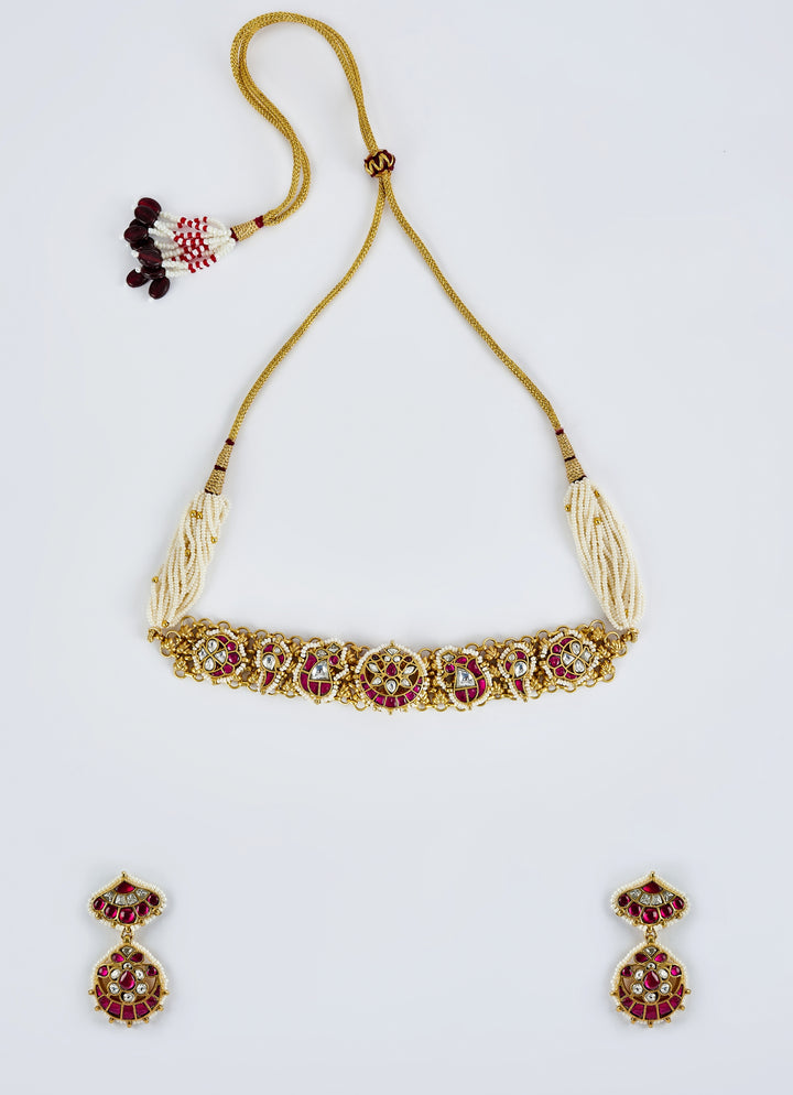 Gold Plated Red And White Stone Necklace Set