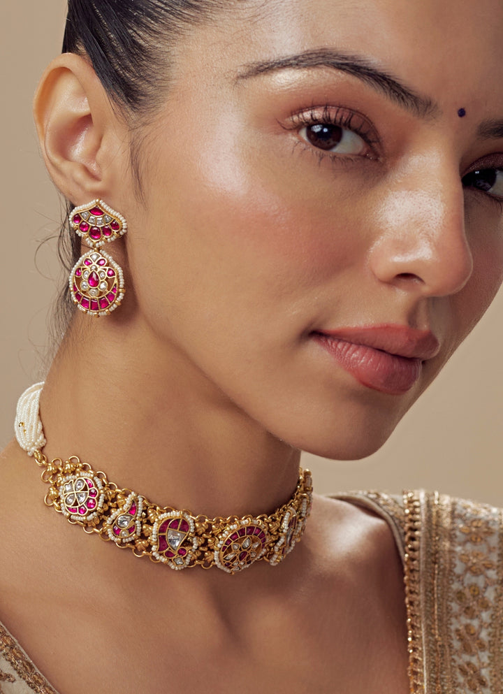 Gold Plated Red And White Stone Necklace Set