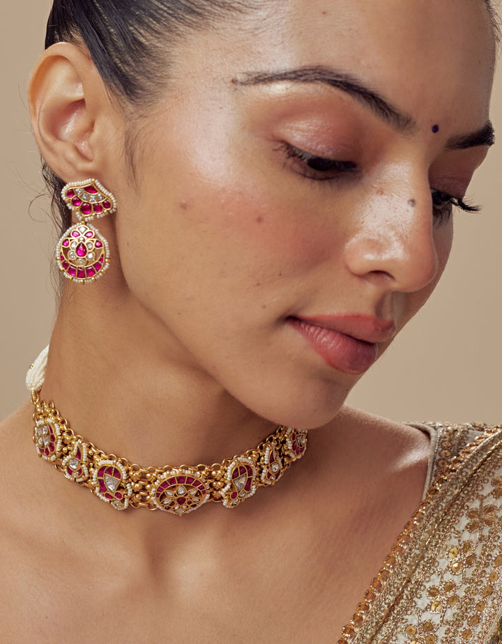 Gold Plated Red And White Stone Necklace Set