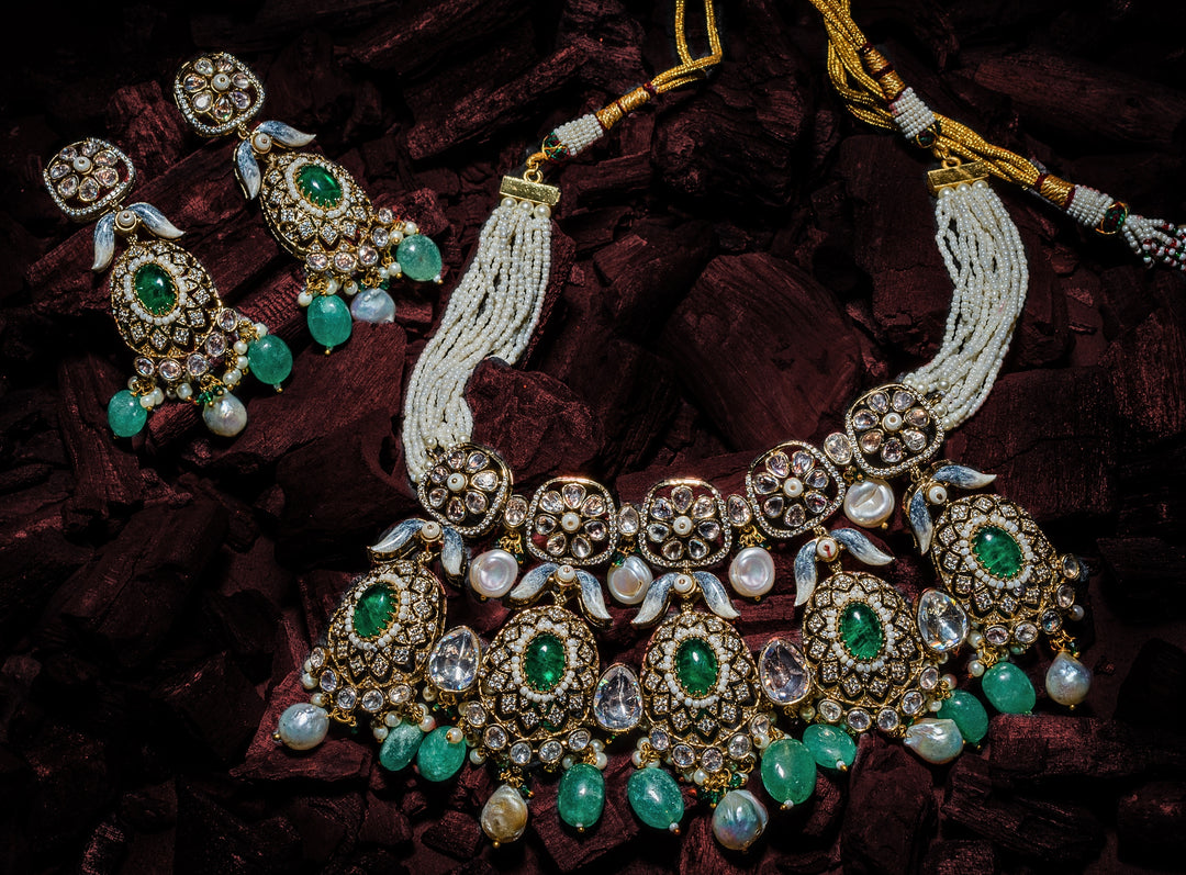 Gold Plated Bridal Green Kundan And Polki Necklace Set