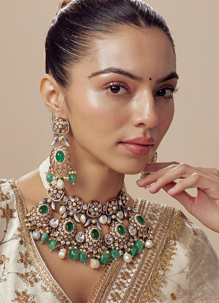 Gold Plated Bridal Green Kundan And Polki Necklace Set