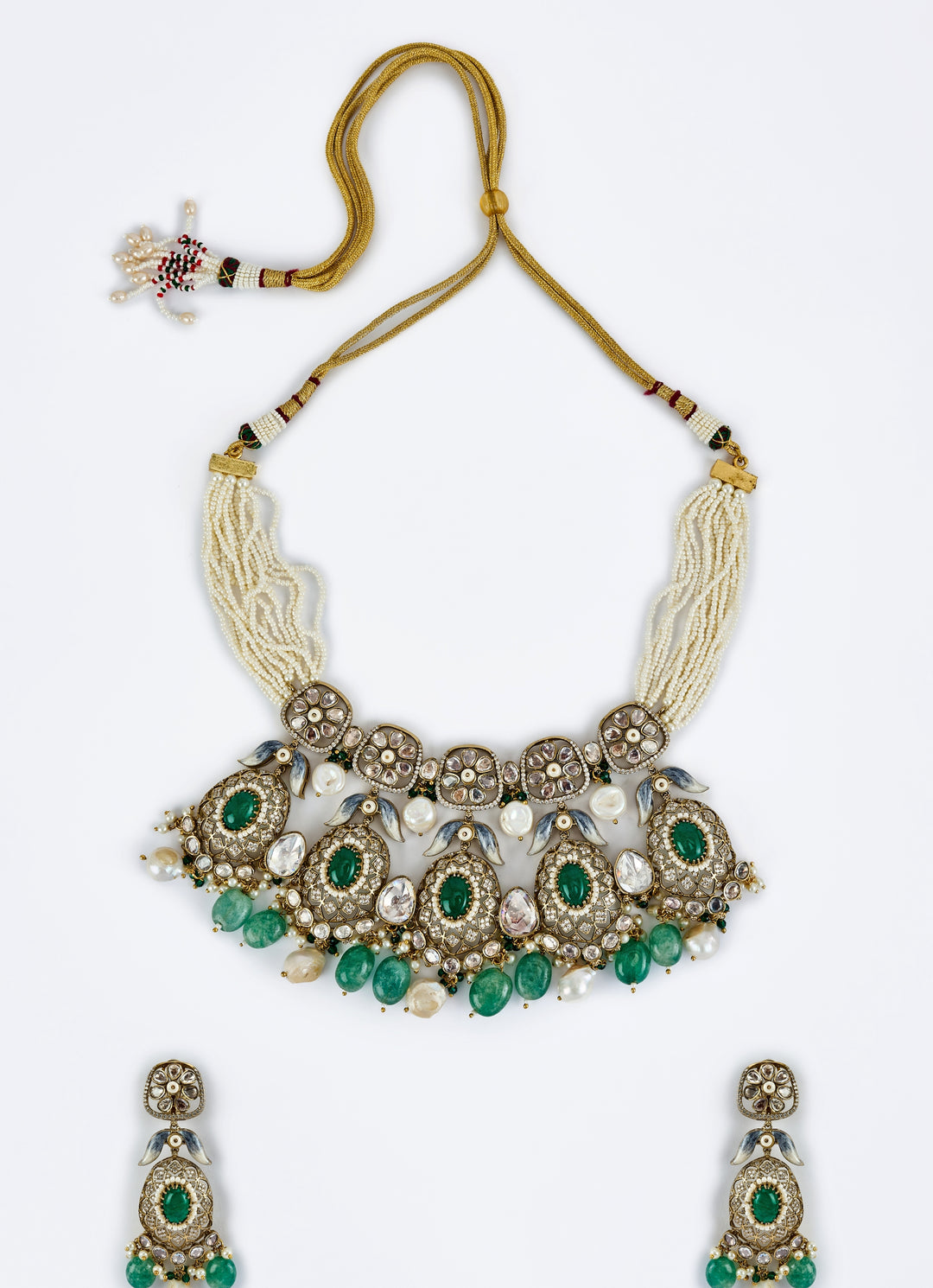 Gold Plated Bridal Green Kundan And Polki Necklace Set