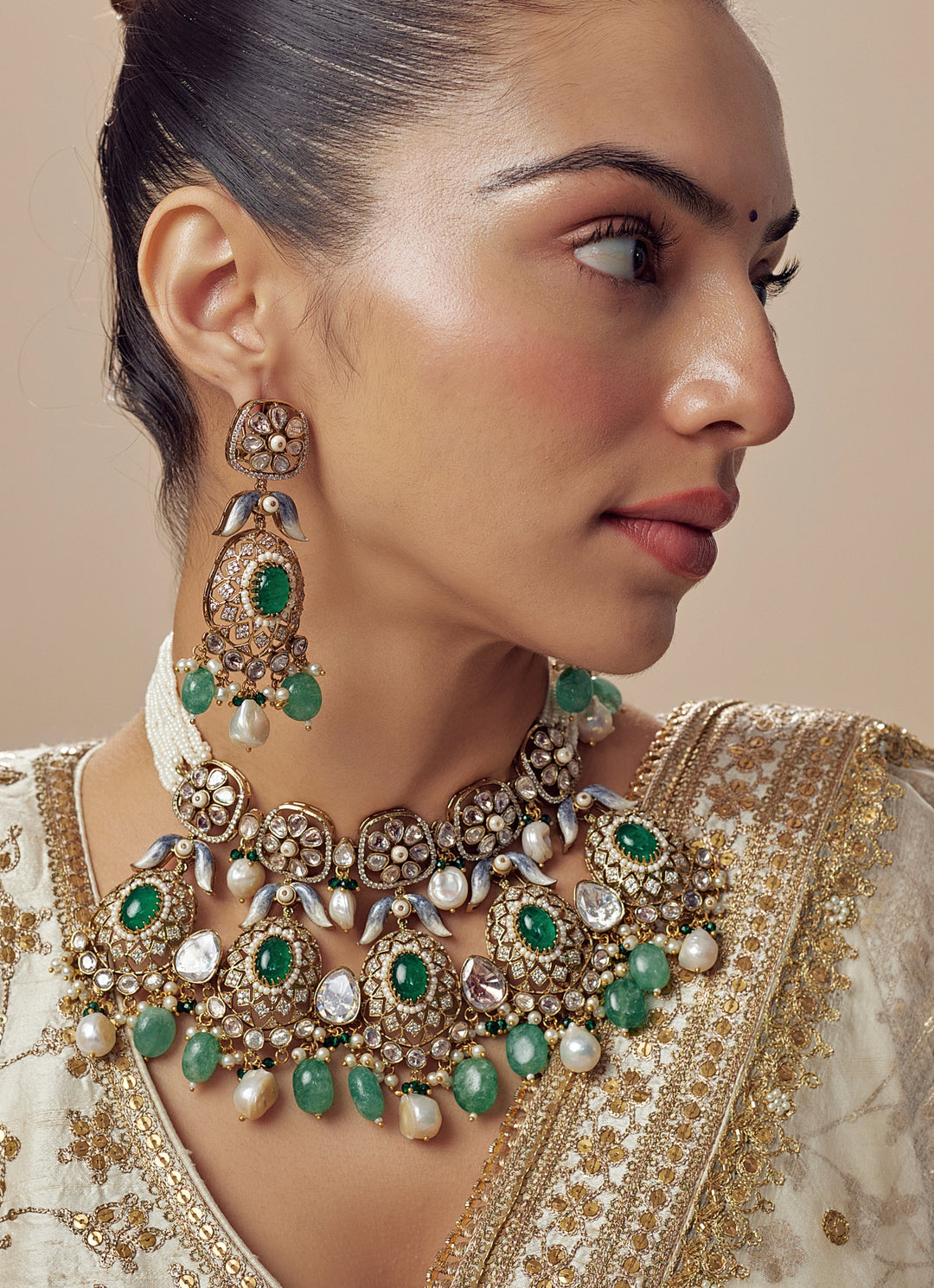 Gold Plated Bridal Green Kundan And Polki Necklace Set