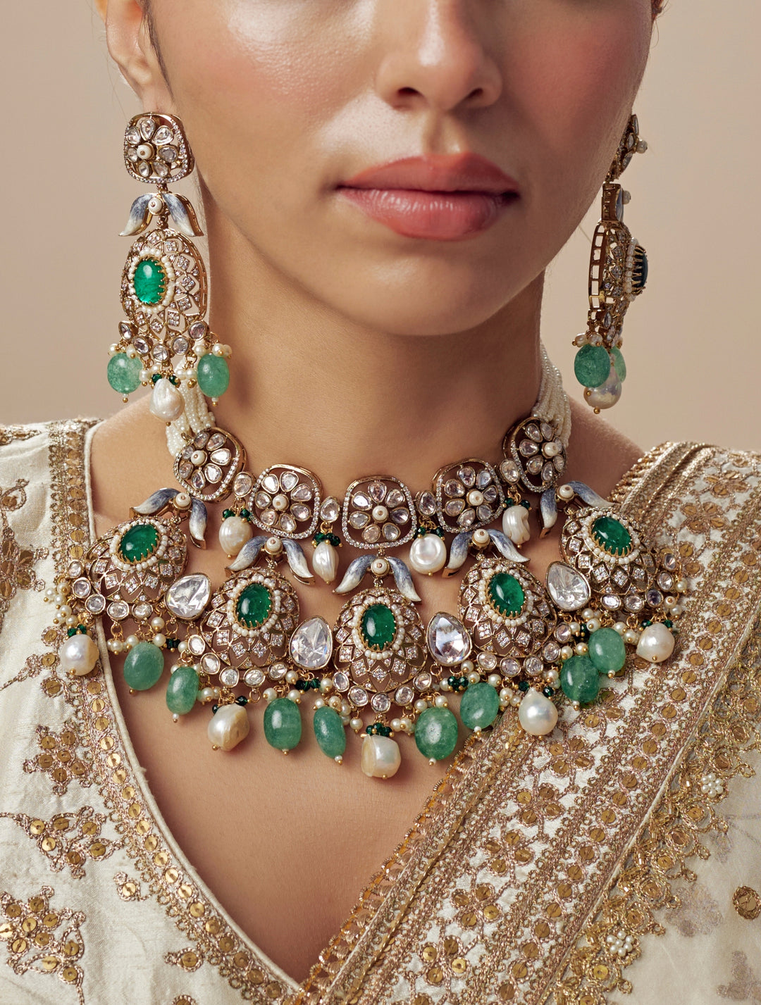 Gold Plated Bridal Green Kundan And Polki Necklace Set