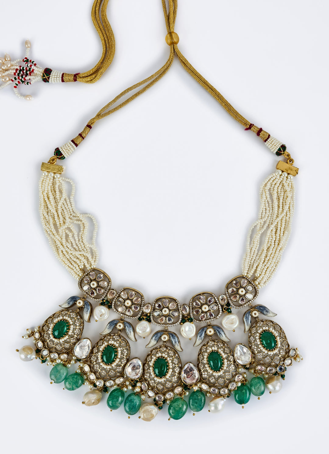 Gold Plated Bridal Green Kundan And Polki Necklace Set