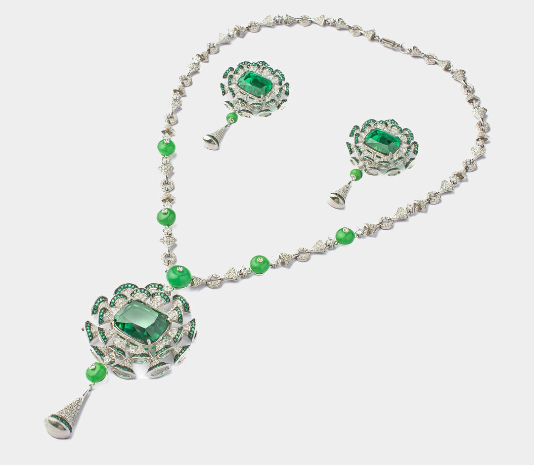Silver Plated Green Zircon Long Necklace Set