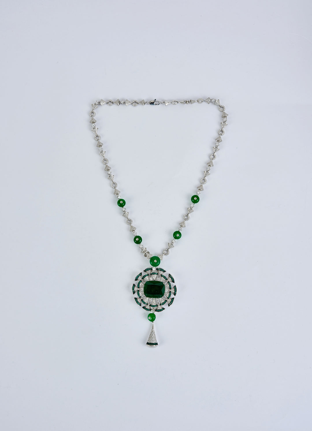 Silver Plated Green Zircon Long Necklace Set