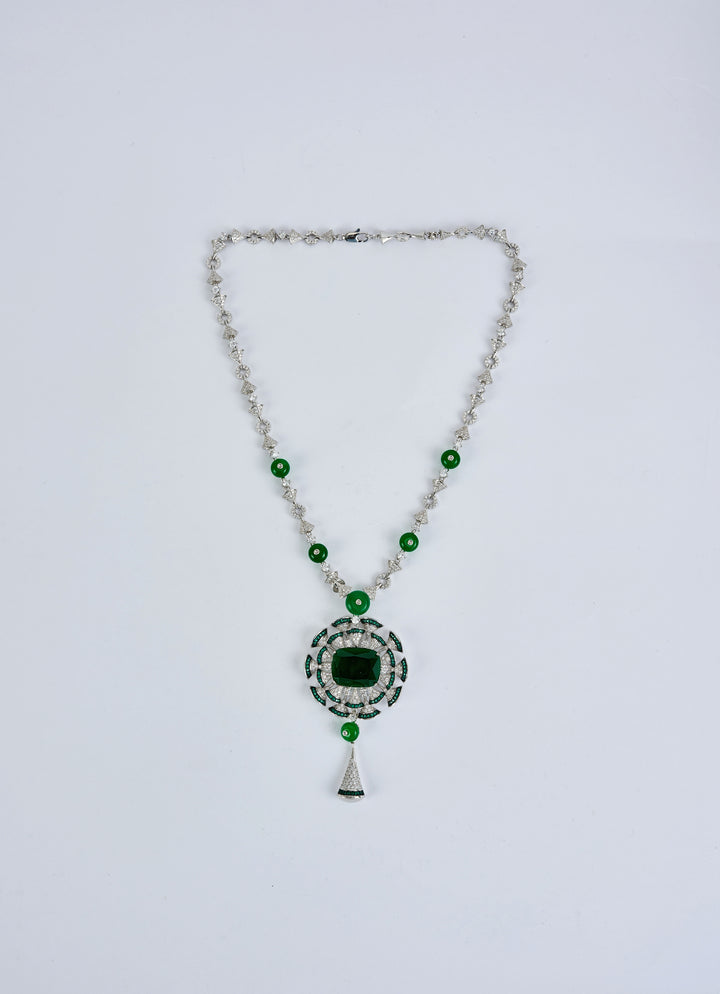 Silver Plated Green Zircon Long Necklace Set