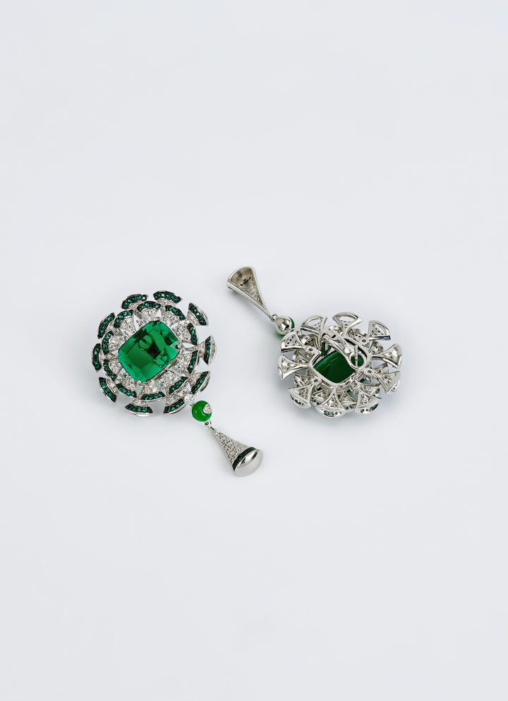 Silver Plated Green Zircon Long Necklace Set