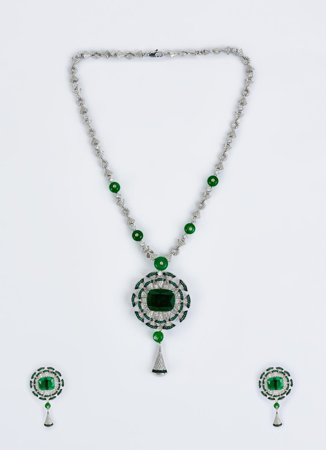 Silver Plated Green Zircon Long Necklace Set