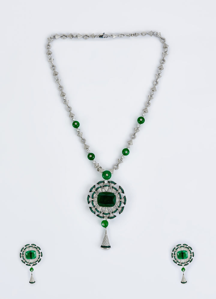 Silver Plated Green Zircon Long Necklace Set