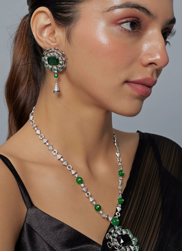 Silver Plated Green Zircon Long Necklace Set