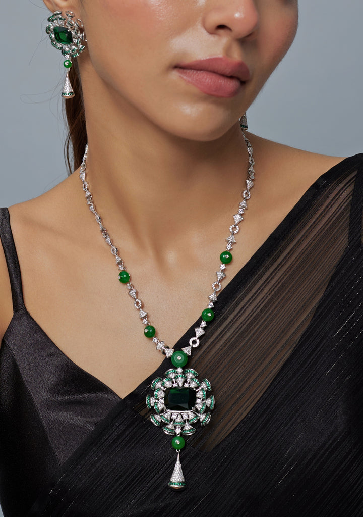 Silver Plated Green Zircon Long Necklace Set
