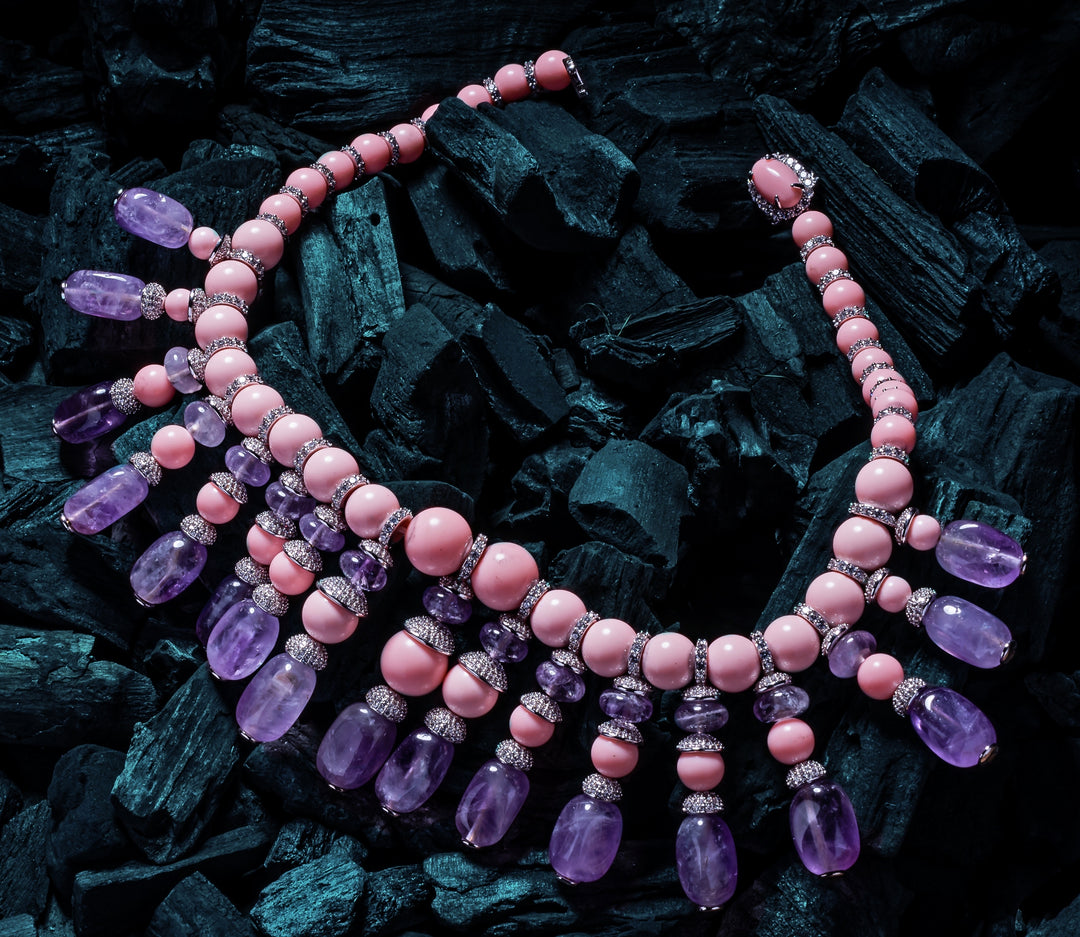 Pink And Purple Beaded Short Necklace