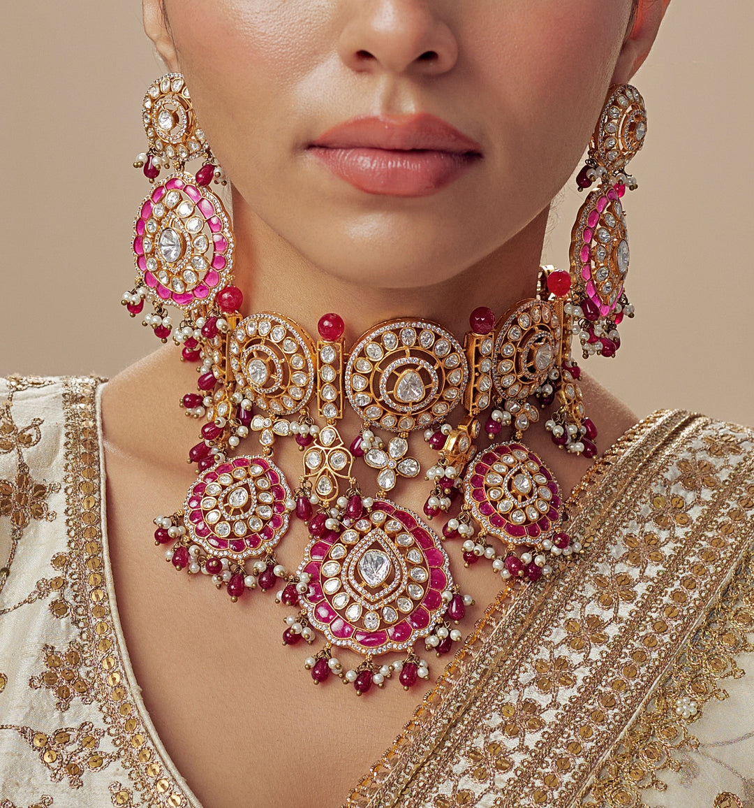 Gold Plated Bridal Kundan And Polki Choker Necklace Set With Maang Tikka