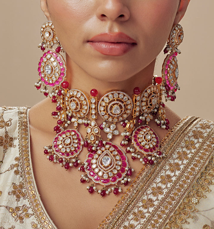Gold Plated Bridal Kundan And Polki Choker Necklace Set With Maang Tikka